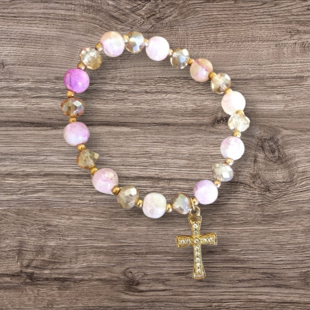 Pink and Gold Glass Beads Crystal Cross Bracelet Stretch Bracelet